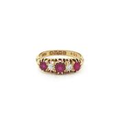 Antique Ruby &amp; Natural Diamond Caved Five Stone Dress Ring In 18ct Yellow Gold image