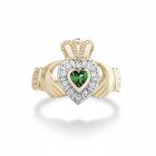 Ladies Claddagh Ring with Cubic Zirconia &amp; Synthetic Emerald in 10ct Yellow Gold - L image