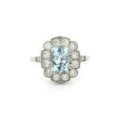 Platinum Aquamarine &amp; Natural Diamond Rectangular Cluster Dress Ring