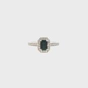 0.80ct Emerald Cut Sapphire &amp; 0.29ct Natural Diamond Halo Cluster with Shoulders in 18ct White Gold image