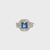 Vintage Natural Princess cut Sapphire and Natural Diamond Cluster Ring in Grain Setting 18ct Yellow Gold and Platinum image