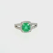 Vintage Natural Emerald and Diamond Cluster Ring with Diamond Sholder set in 18ct White Gold image