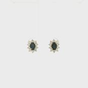 Vintage Sapphire &amp; Natural Diamond Oval Sapphire And Diamond Cluster Earrings Set In 18ct Yellow Gold image