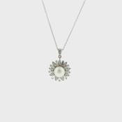 Vintage Platinum Cultured Pearl and Natural Diamond Baguette Pendant and Chain image