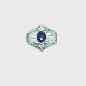 18ct Yellow Gold Vintage Deep Blue Sapphire and Aquamarine Dress Ring with Natural Diamonds image