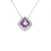 Square Amethyst &amp; 0.20ct Natural Diamond Halo Pendant in 9ct White Gold