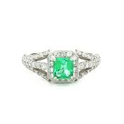 0.56ct Vintage Princess Cut Emerald &amp; 0.66ct Natural Diamond Halo Cluster Triple Split Shank in Platinum