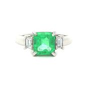 1.52ct Emerald &amp; 0.30ct Natural Diamond Three-Stone Ring with Baguette Accents in Platinum image