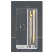 parker im duo gift set with ballpoint pen &amp; rollerball pen brushed metal with gold trim black ink refill &amp; cartridge