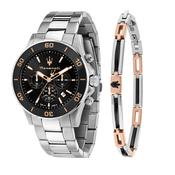 maserati competizione 43mm stainless steel case chrono movement black dial stainless steel bracelet ceramic bezel ceramic rose gold bracelet special pack     jm523atz34