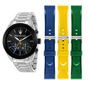 maserati traguardo 45mm chronograph black dial stainless steel bracelet with 3 silicone straps image