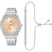 lorus ladies gift set stainless steel pink dial watch &amp; silder bracelet image