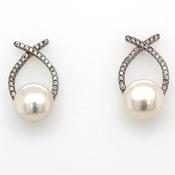 silver round pearl and cz wishbone stud�earrings 9.5mm image