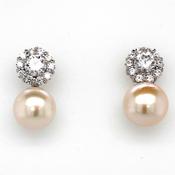 silver pearl and eleven stone cz cluster stud earrings 95mm image