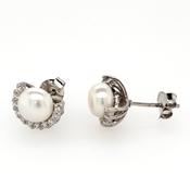 silver pearl and cz crescent stud earrings 8mm � image