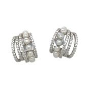 silver push back 5 row earrings with freshwater pearls and cz