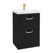 Freya 600mm 2 Drawer Floor Standing Unit Matt Black Brushed Gold Handle