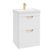 Freya 600mm 2 Drawer Floor Standing Unit Matt White Brushed Gold Handle