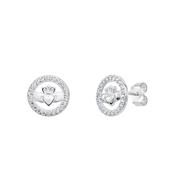 Silver CZ Surround Claddagh Stud Earrings