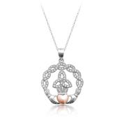 Silver &amp; Rose Claddagh CZ Celtic Pendant Necklace