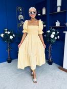 Leah May Puff Sleeve Midi Dress Check Yellow