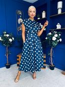 Breffy Asymmetric Neckline Skater Midi Polka Navy