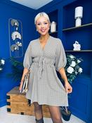 Parisa Puff Sleeve Mini Dress Check Khaki