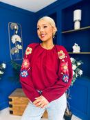 Alana Gathered Top Crochet Detail Sleeve Wine