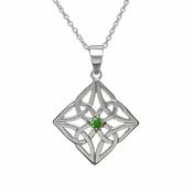 Sterling Silver Celtic Knot Diamond Shape Pendant With Green Cubic Zirconia