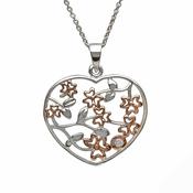 Sterling Silver Heart Shaped Shamrock Floral Pendant With Rose Gold