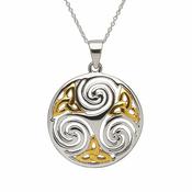 Sterling Silver &amp;amp; Gold Plaited Celtic Swirl &amp;amp; Trinity Knot Round Pendant
