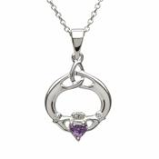 Sterling Silver Claddagh &amp;amp; Trinity Knot February Birthstone Pendant image