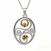 Sterling Silver Gold Plate Claddagh &amp;amp; Shamrock Pendant