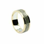 Newgrange Spirals Antique Finish, Engraved Medium Gents Band With Heavy Flat Yellow Rims