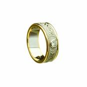 Celtic  Shield Pattern With Yellow Gold Light Rims, Ladies Wedding Band. Set With 3 .10Ct Diamonds