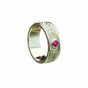 Celtic Shield Pattern With Light Rims, Ladies Wedding Band. Set With 3 .10Ct Rubies