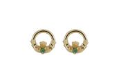 10ct yellow gold natural emeralds Claddagh design stud earrings