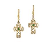 10ct yellow Celtic design cross lever back earrings with natural emeralds stones