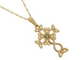 10ct yellow gold Celtic design cross with natural emeralds centre on 18" chain