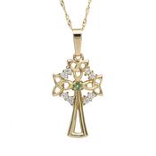 10ct yellow gold Celtic design cross natural emeralds and cubic zirconia on 18" chain
