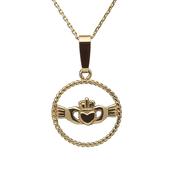 10ct Claddagh design in twist wire circle pend 18" chain