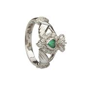 10ct white gold diamond and natural emeralds Claddagh design ring 13mm