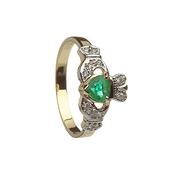 10ct yellow gold Claddagh design ring with real natural emeralds and cubic zirconia