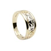 10ct yellow gold ladies ring with white gold Claddagh design and Trinity knot design design