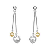 Silver double hanging CZ claddagh earrings image