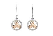 Silver  CZ circle drop earrings with rose gold plated newgrange spiral