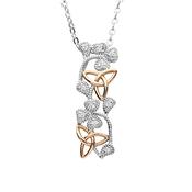 Silver Pendant with CZ shamrocks and rose gold plated trinity knots on 18" chain