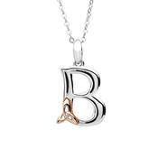 Silver celtic initial B pendant with rose gold plated trinity detail 18" chain
