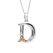 Silver celtic initial D pendant with rose gold plated trinity detail 18" chain