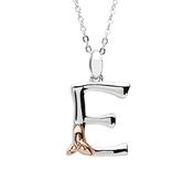 Silver celtic initial E pendant with rose gold plated trinity detail 18" chain